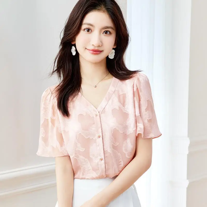 

Women Clothing Summer Fashion Simplicity Elegant Printing Solid Color V-neck Women Shirts All-match Jacquard Short Sleeve Top Te