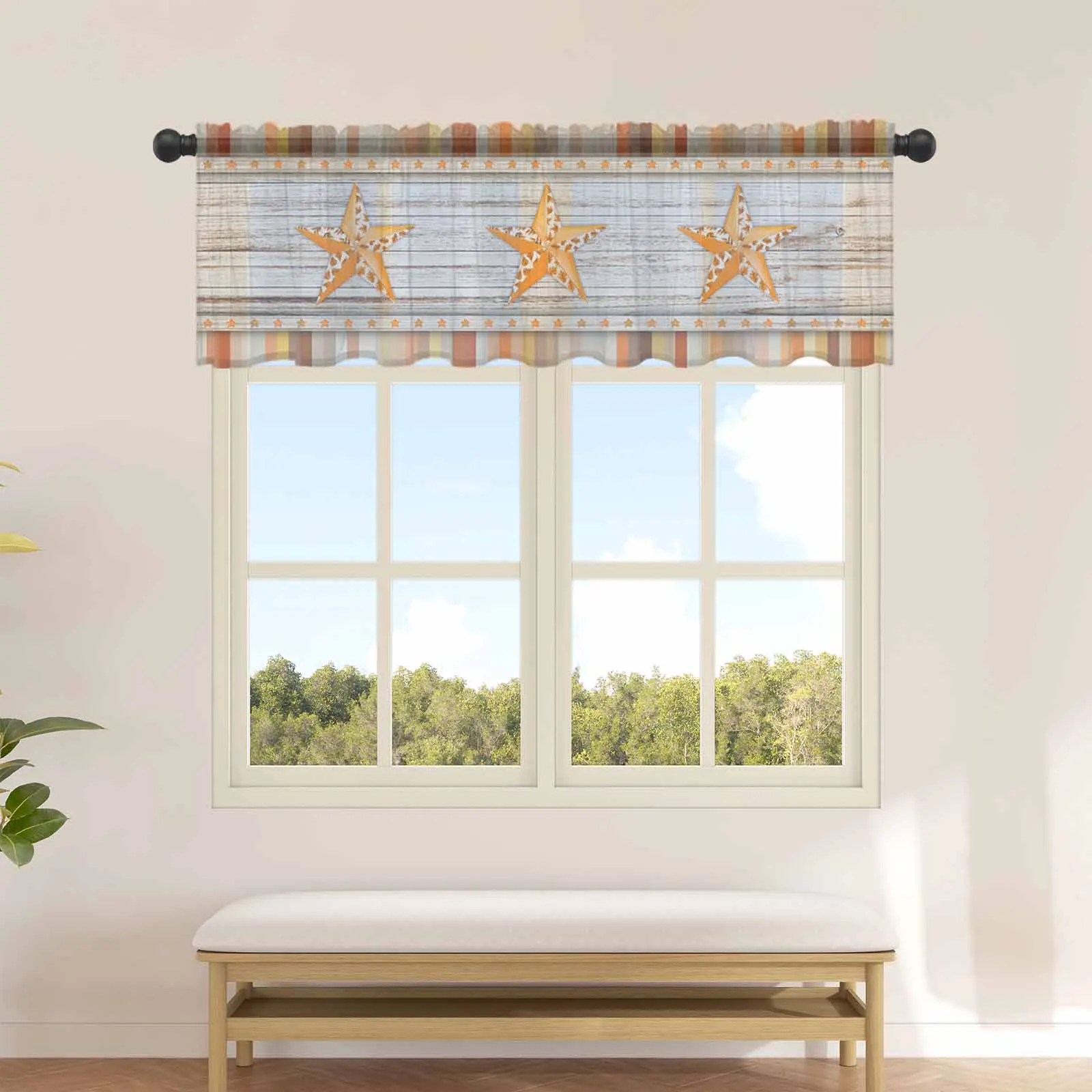 Autumn Wood Grain Leaves Five Pointed Star Stripes Kitchen Small Window Curtain Tulle Short Curtain Living Room Voile Drapes