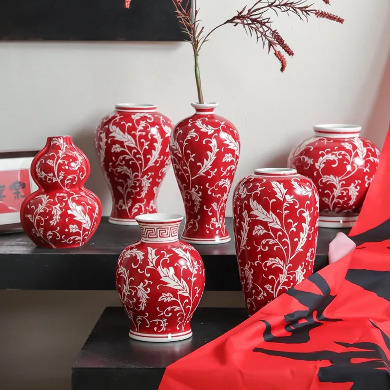 New Chinese Hand Painted Underglaze Ceramic Vase, Retro Red Blue Floral Container for Living Room & Tea Room