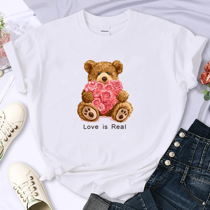 Cute Bear For Women's Luxury Brand High-Quality Summer Print T-shirt 100% Cotton Casual Oversized Y2k Personality Sleeve O-neck