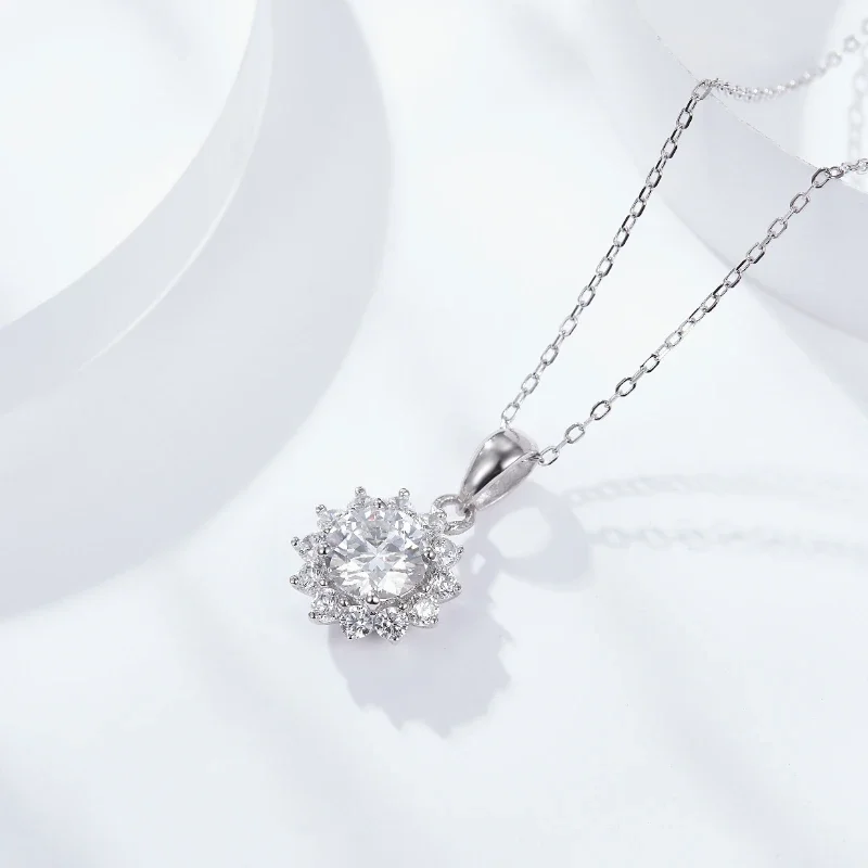 Sunflower Silver Pendant Moissanite Necklace For Women Silver Color Long Chain Sun Flower Jewelry Silver 925 Jewelry