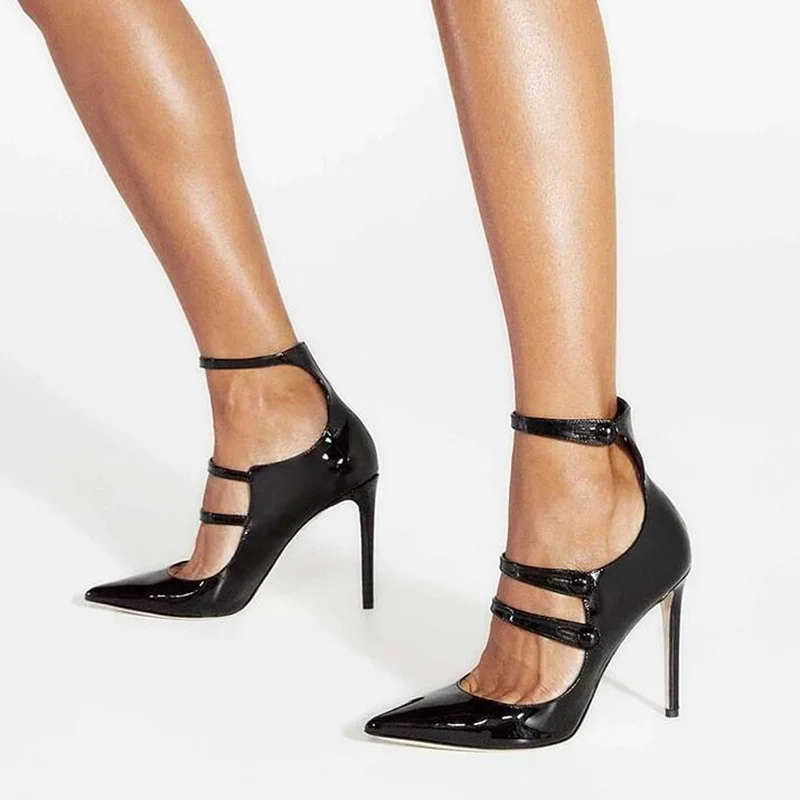 

Buttons Strapp Woman Pumps Black Patent Leather Pointed Toe Cover Heels Spring Autumn Office Lady Dress Shoes