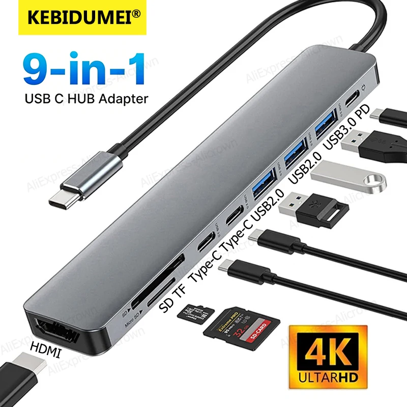 KEBIDUMEI USB C Hub 9 in 1 Docking Station with 4K HDMI USB 3.0 Adapter SD TF Card Reader USB Splitter for PC Laptop MacBook pro