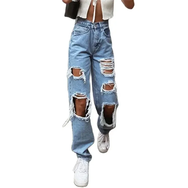 Vintage Broken Holes Hollow Out Straight Jeans Women Loose High Waist Denim Pants Summer Casual Female Trousers Trend Streetwear