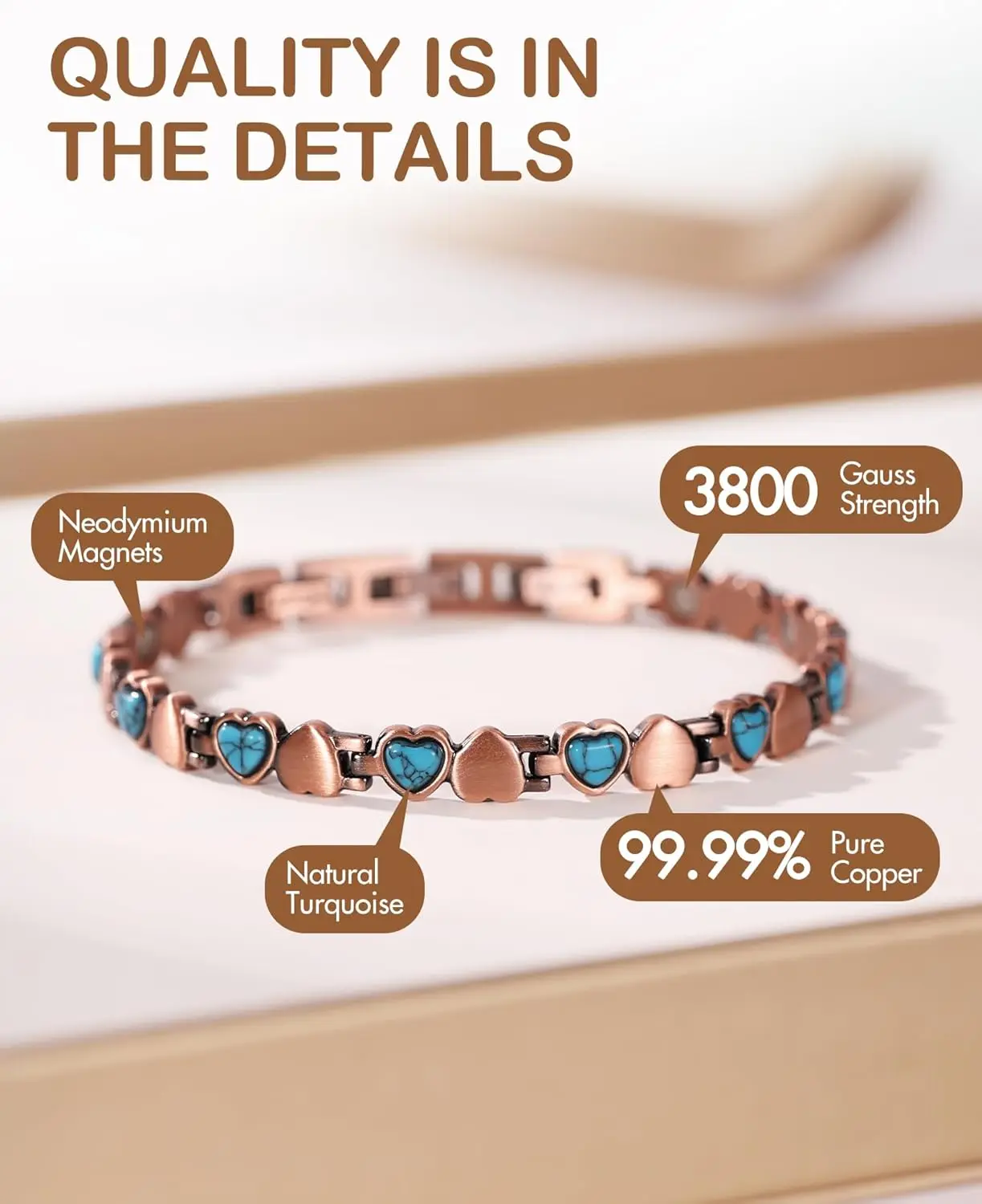 ARADOO Pure Copper Bracelet Inlaid Turquoise Magnetic Therapy Bracelets