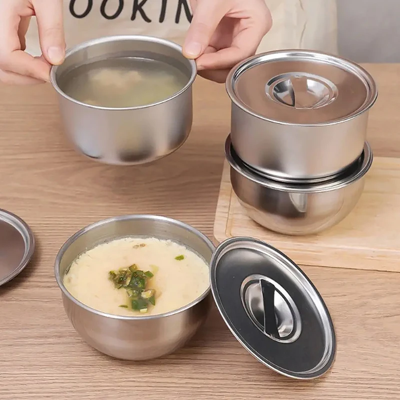 304 Stainless Steel Steamed Egg Bowl With Lids Kitchen Tableware Korean Cuisine Bowl With Handle Rice Wine Bowl Food Dish