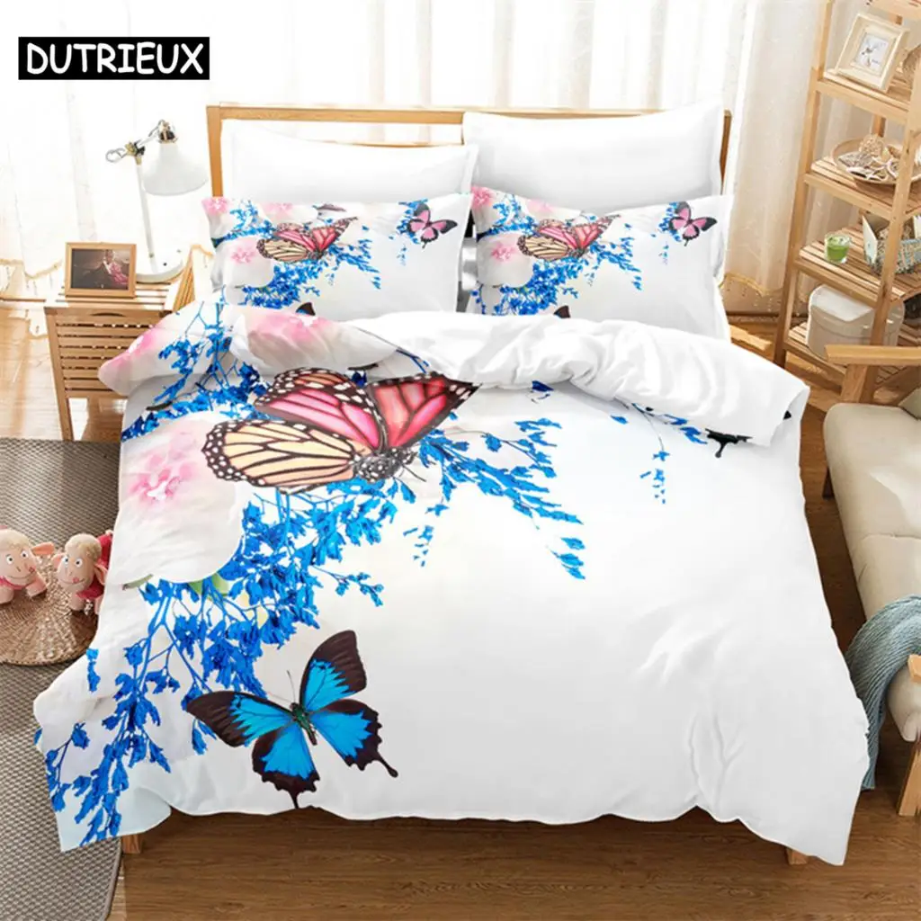 

Blue Flower Butterfly Queen Bedding Duvet Cover Set Kids bedroom bed set Bed Linen King Size Duvet Cover Set Bedding Set
