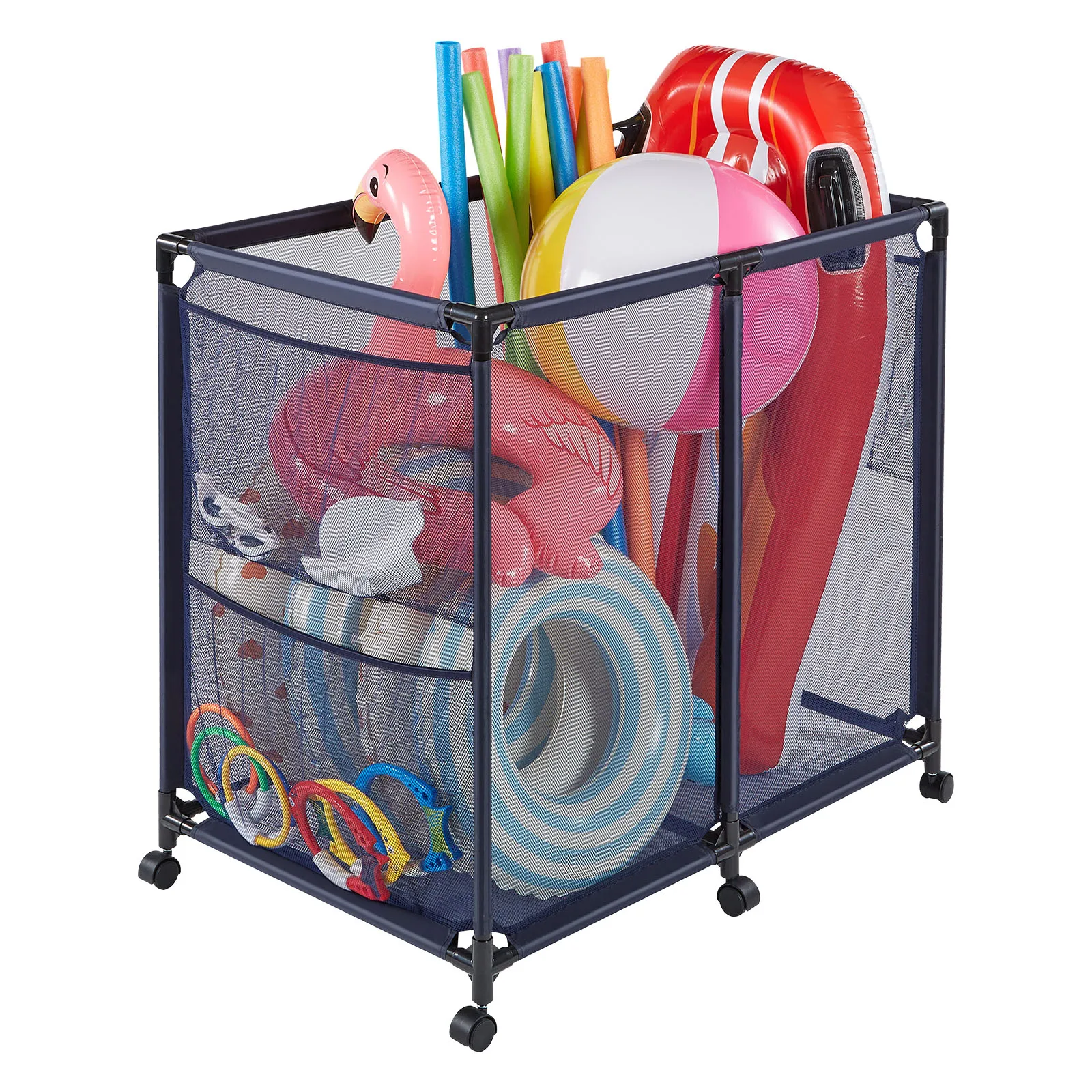 VEVOR Pool Storage Bin Rolling Pool Float Storage Organizer with Side Pockets & Casters Metal/Plastic Frame for Swimming Pool