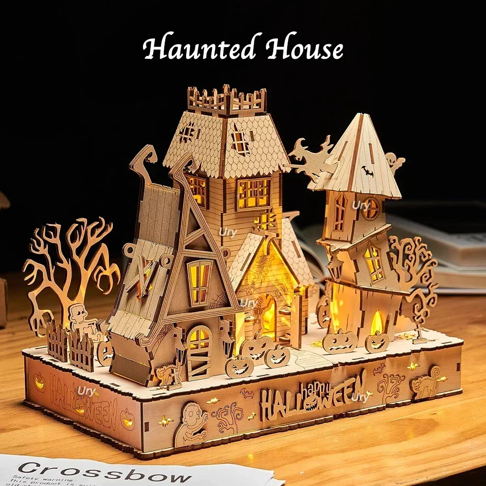 URY-rompecabezas de madera 3D para niños, casa encantada de Halloween, luz de árbol fantasma, modelo DIY, Kits de manualidades, juguetes de decoración de escritorio, regalo para niños, nuevo