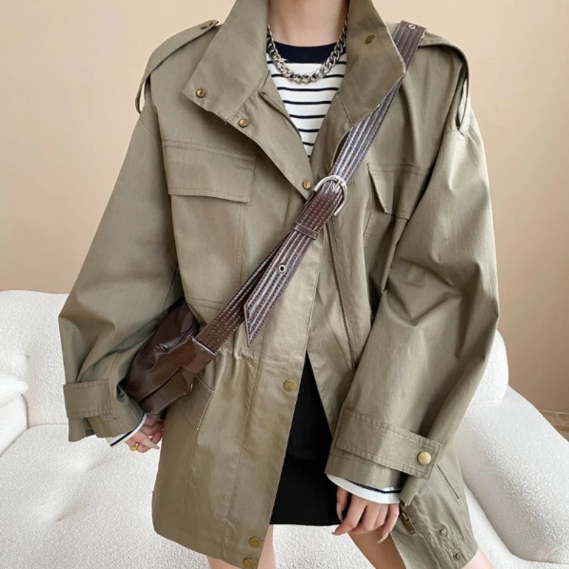 

Women Trench Mid Length Coats Jackets Stand Collar Coat Casual Loose Y2k Streetwear Jacket Work Outerwear Autumn Winter 2025