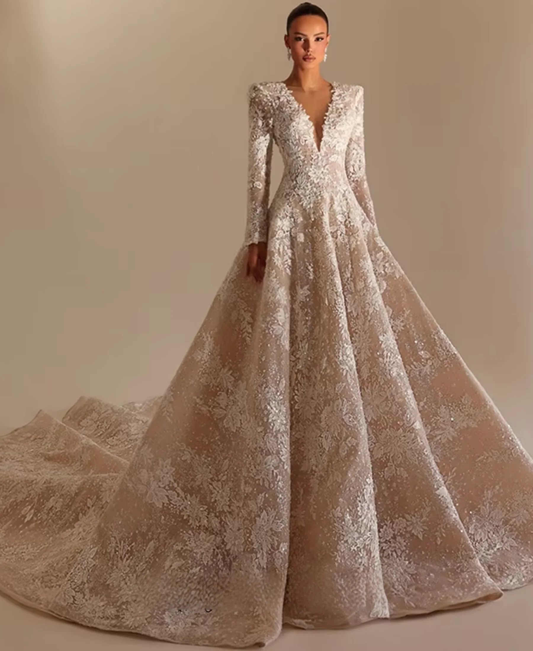Customized A-Line Sexy Lace Tulle Full Sleeves Illusion V-Neck Party Bridal Ball Gowns Wedding Dress Vestido de Novia n