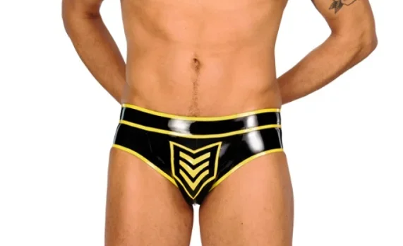 

Фетиш крутой 100% латекс Herrenunterw....che Желтые и черные треугольные шорты Размер Спортивная форма