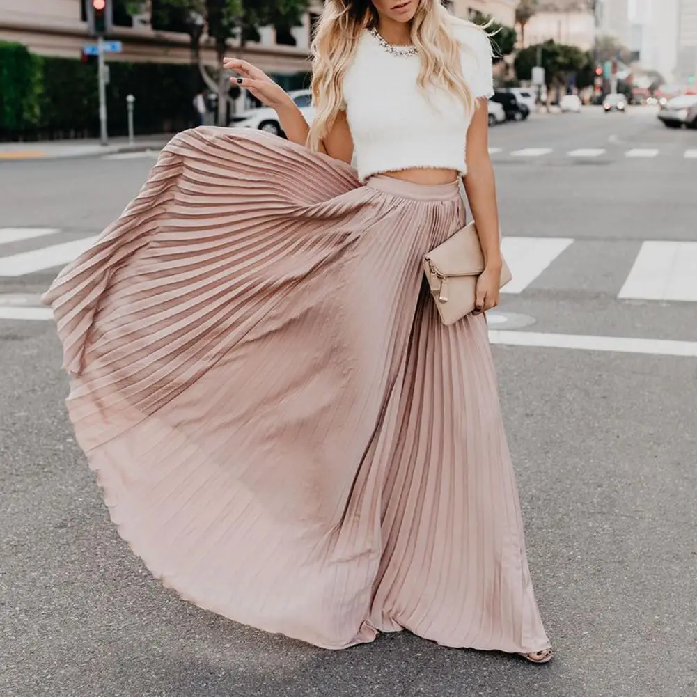 Elegant Elastic High Waist Pleated Skirt Women Solid Color Large Hem A-Line Long Skirt Work Fashion Female Skirt Summer