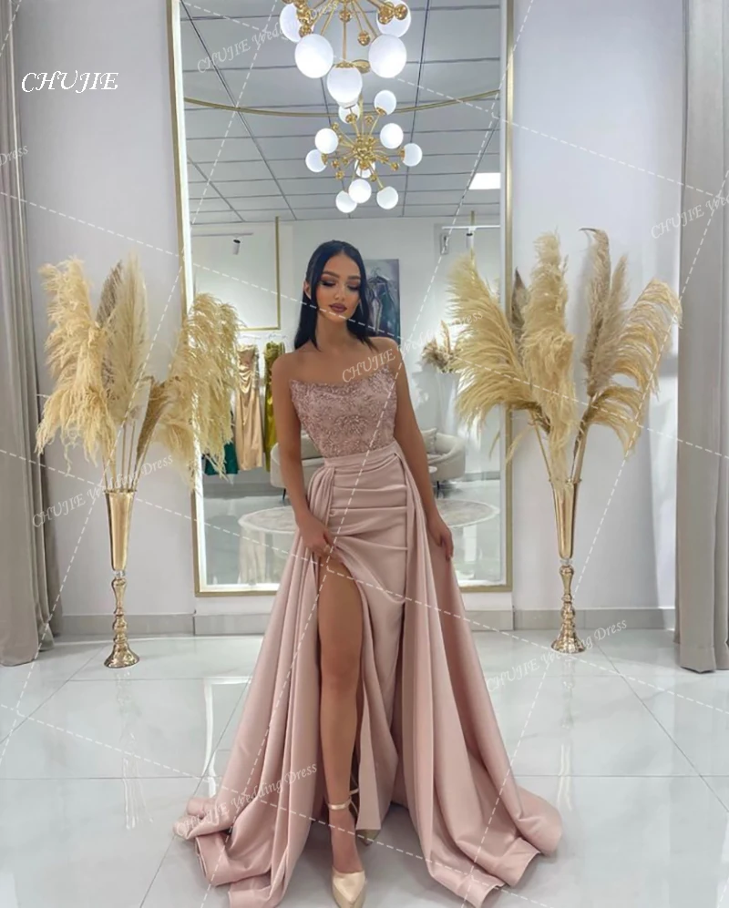 Satin Slit Evening Dresses Ball Gown Strapless Sequins Appliques Elegant Prom Dress Woman Party Robe De Soiree فستان سهرة