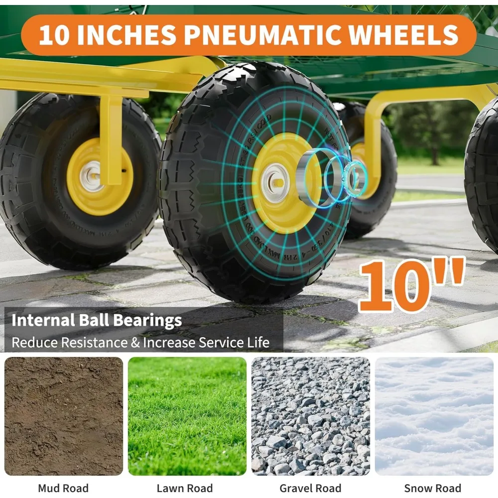 Heavy-Duty 500 Lbs Capacity Garden Cart with 10 Inch Tires, Removable Mesh Sides, 180° Rotation for All-Terrain Use