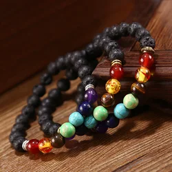 Seven Chakras Yoga Energy Bracelet For Men And Women Nature Volcano Stone Frosting Stretch Bracelet Jewelry Gift