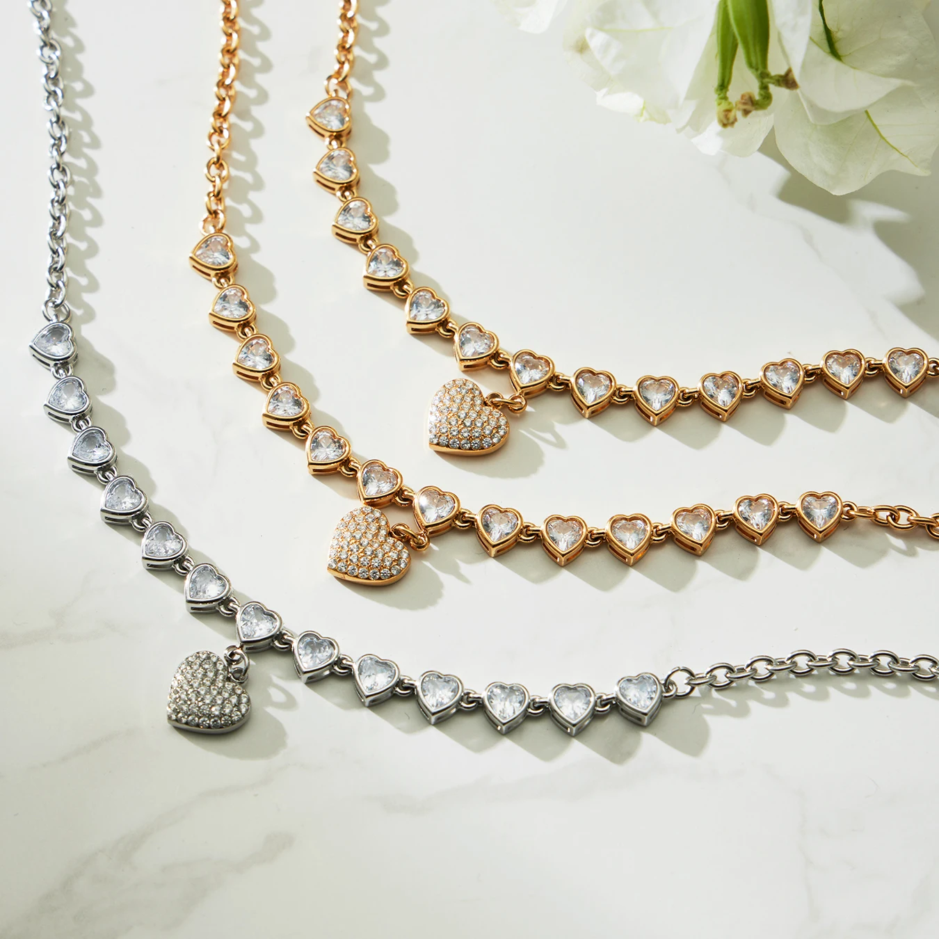 Goldene Silber Edelstahl Kette Halskette frauen Vergoldet Glänzenden Zirkon Herz Anhänger Halskette Femme Wasserdicht Schmuck – Detail 11