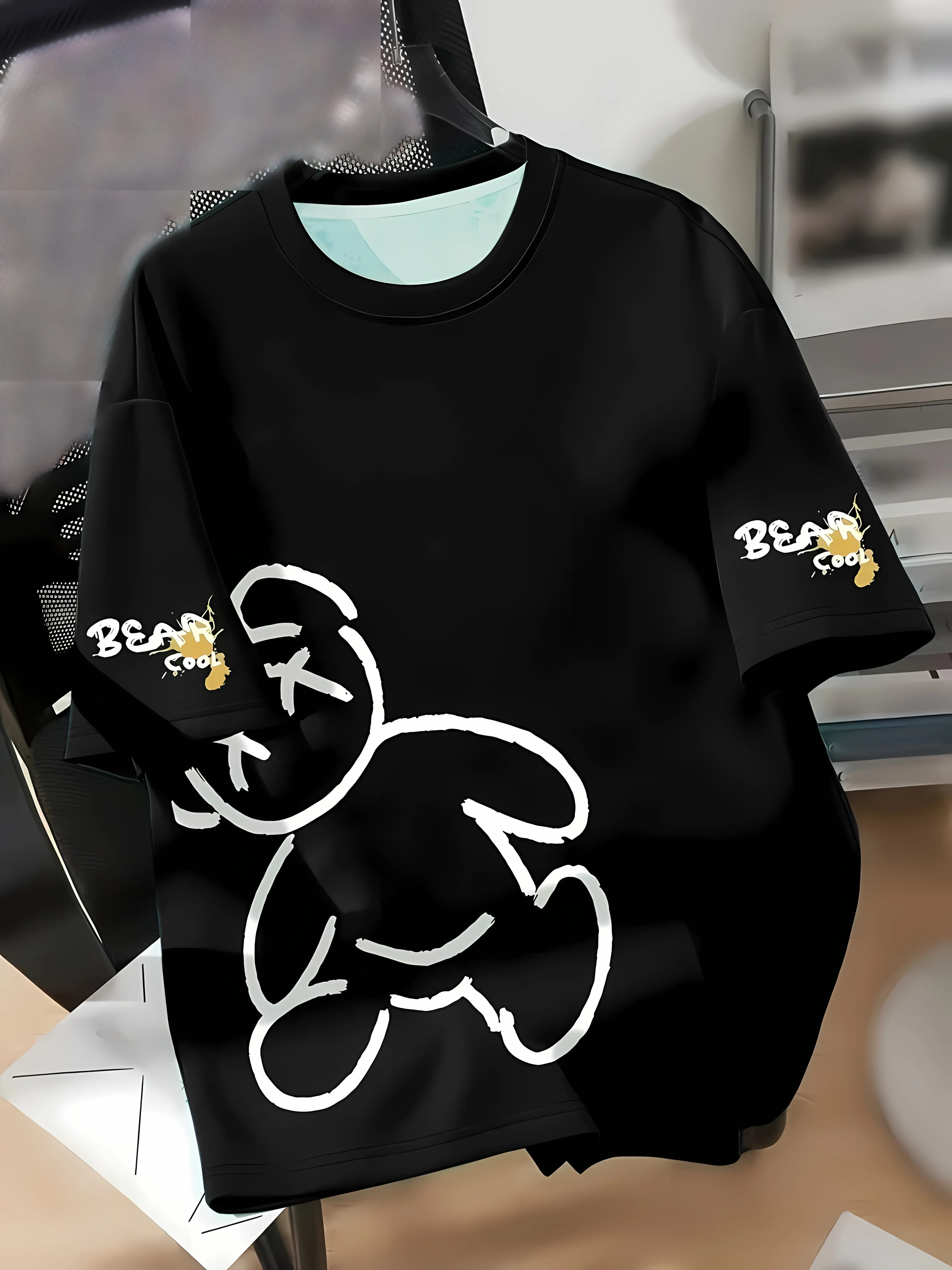 2026 Summer Men's T-shirt with Bear Print, Breathable, Lightweight, Casual, Fashionable, Outdoor Men's T-shirt