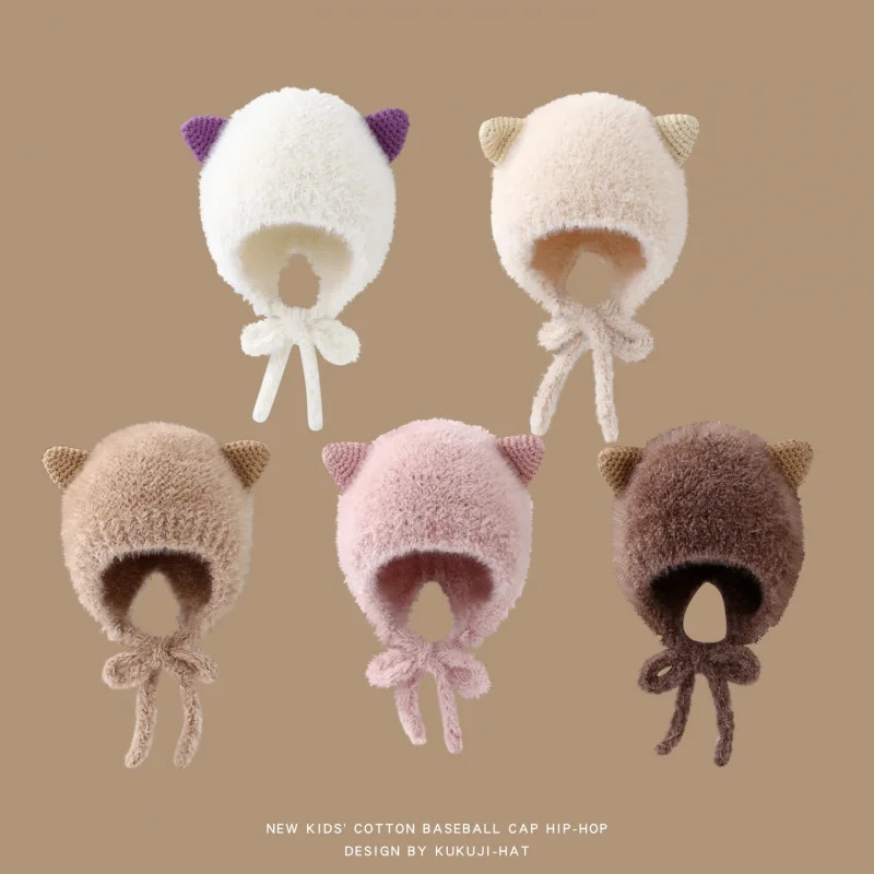 

Baby Hat Autumn Winter Warm Thick Knitted Ear Protection Plush Hat Boys Girls Cute Cartoon Yarn Hat Trendy