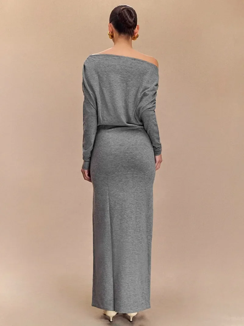 Elegant Solid Gray Long Dresses for Women 2024 Fall Winter Diagonal Collar High Waist Evening Party Dress Tunics Prom Vestidos