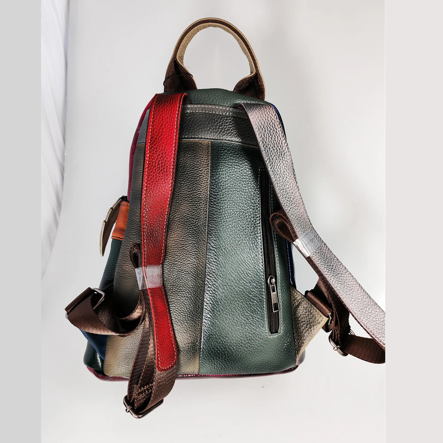 Colorful Patchwork Woman Genuine Leather Backpack Vintage Cow Leather Sling Bag for Travel Work Daily Use