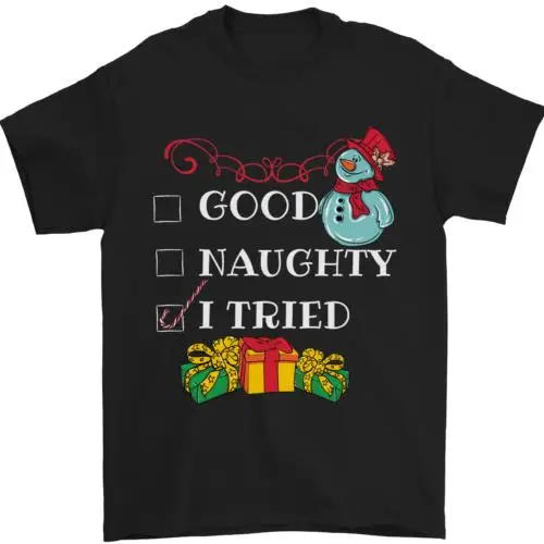 Good Naughty I Tried Funny Christmas Xmas Mens T-Shirt 100% Cotton