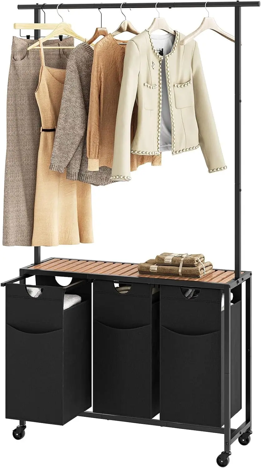 

3-Section Rolling Laundry Hamper with Hanging Rack, Wheels, and Storage Shelf for Organized Laundry Room