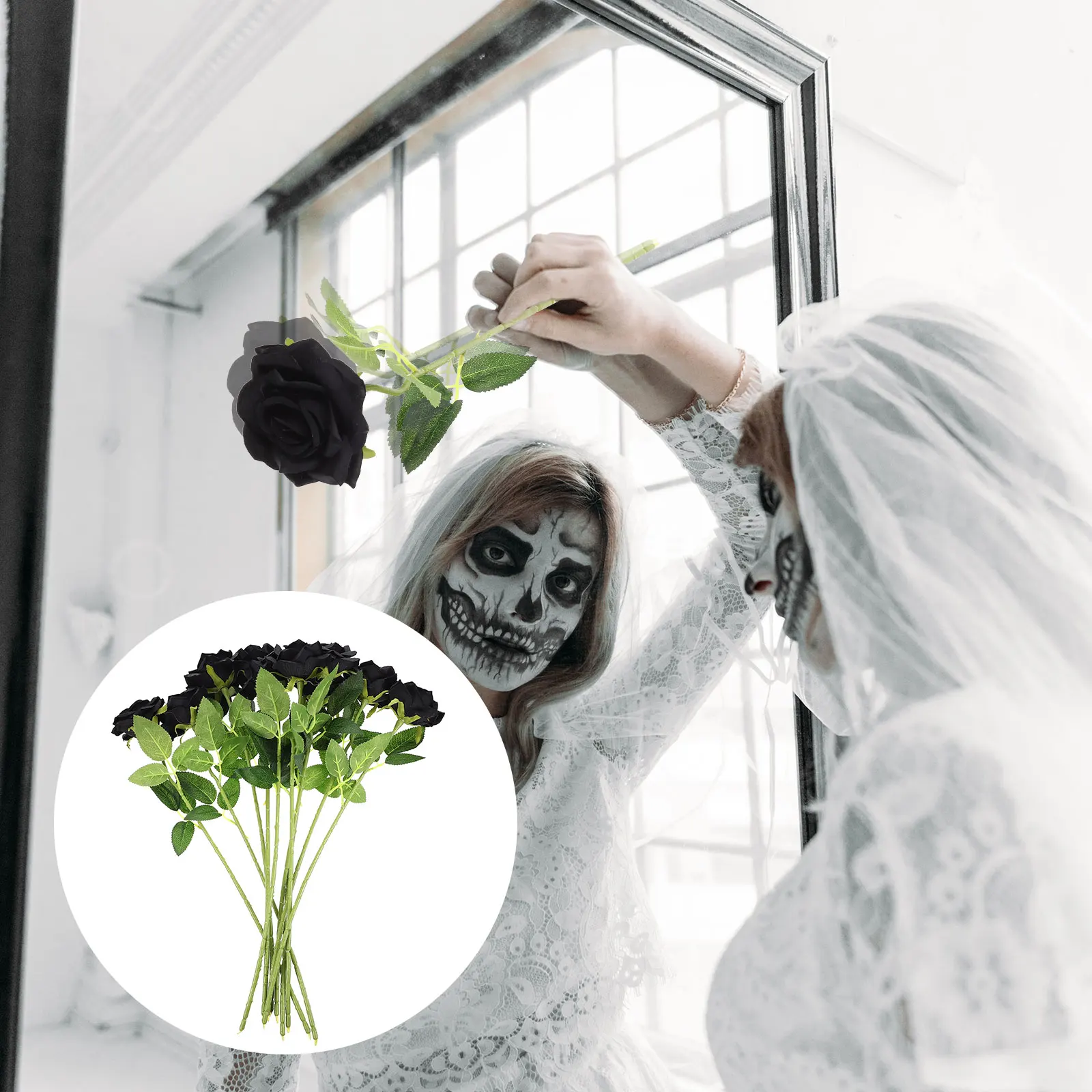 

10 Pcs Black Rose Artificial Flower Faux Silk Simulation Wreath Halloween Decor Home Party Shop Bar Adornment Non Fading