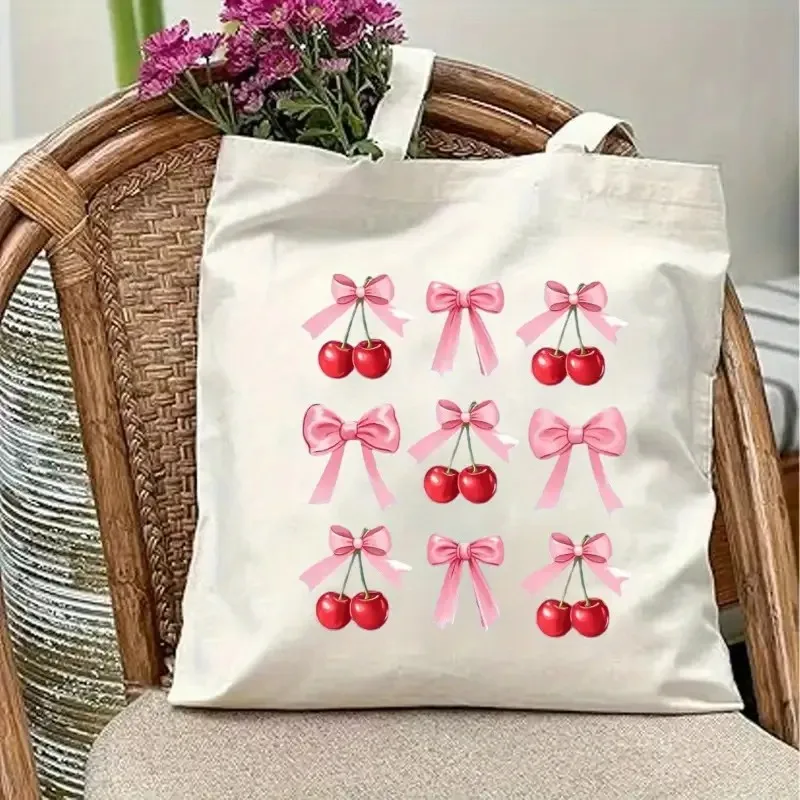حقيبة قماشية بتصميم فيونكة الكرز، حقيبة يد عصرية كاجوال ليوم جيد، قابلة للغسل في الغسالة، مادة قماش متينة #2