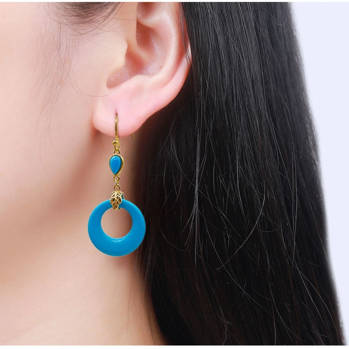 Fashion 9k Solid Gold Turquoise Ear Hook Blue Gemstone Dangle Drop Earring For Women Semi-precious Stone Jewelry Dropshipping