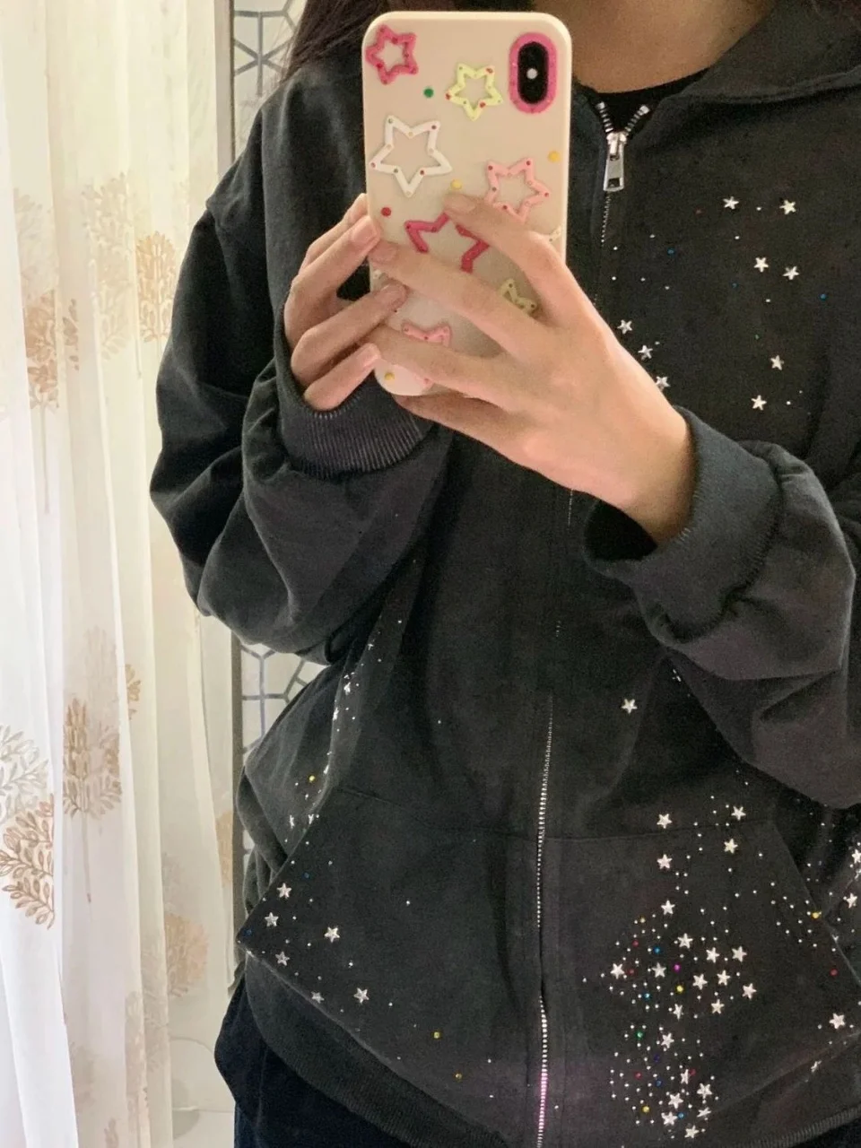 سترة بقلنسوة Y2K Star Rhinestone للسيدات لعام 2025 - سويت شيرت أسود مغسول عتيق بسحاب، ملابس خروج كبيرة الحجم لربيع الخريف #2