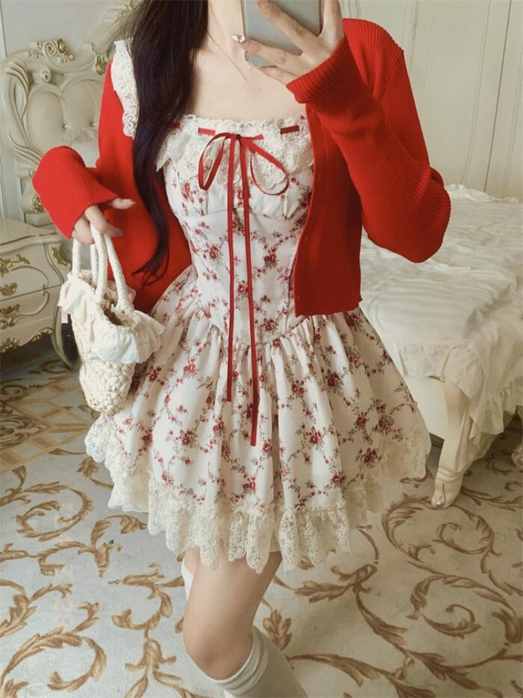 Summer Floral Lace Suit Woman Elegant Sleeveless Y2k Mini Dress + Casual Red Short Cardigan Kroean Fashion 2 Piece Dress Set