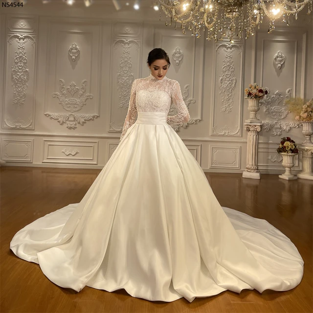 Customized Elegant Lace With Satin Skirt Wedding Dress AliExpress