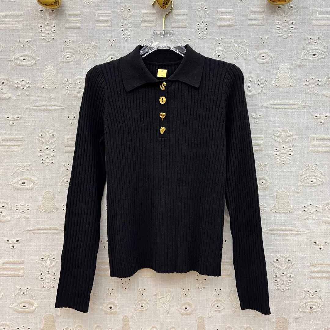 Novo outono básico all-matched pulôver de malha feminino lapela novidade botões manga longa cor sólida fino ajuste casual chique camisola