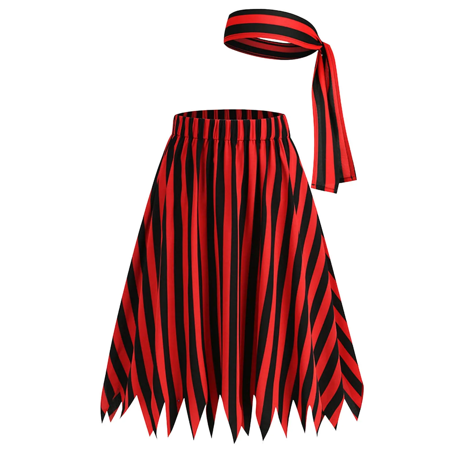 Skirts Women's Pirate Costume Red Black Striped Print Skirts Elastic Waist Skirts With headscarf Role Play Captain Jack Dress Up