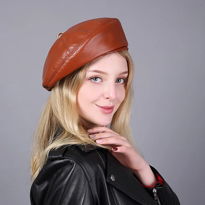 Spring/Winter 100% Real Leather Beret Hat Women Fashion European Pumpkin Painter Caps Female Rainbow Color White/Red Thin Boina