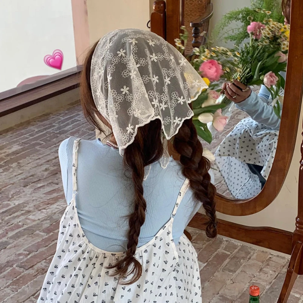 Lace Triangle Headscarf Woman White Fashion Bandana Turban Sweet Turban Cap Girl Korean Hair Band Flower DIY Hair Accessories