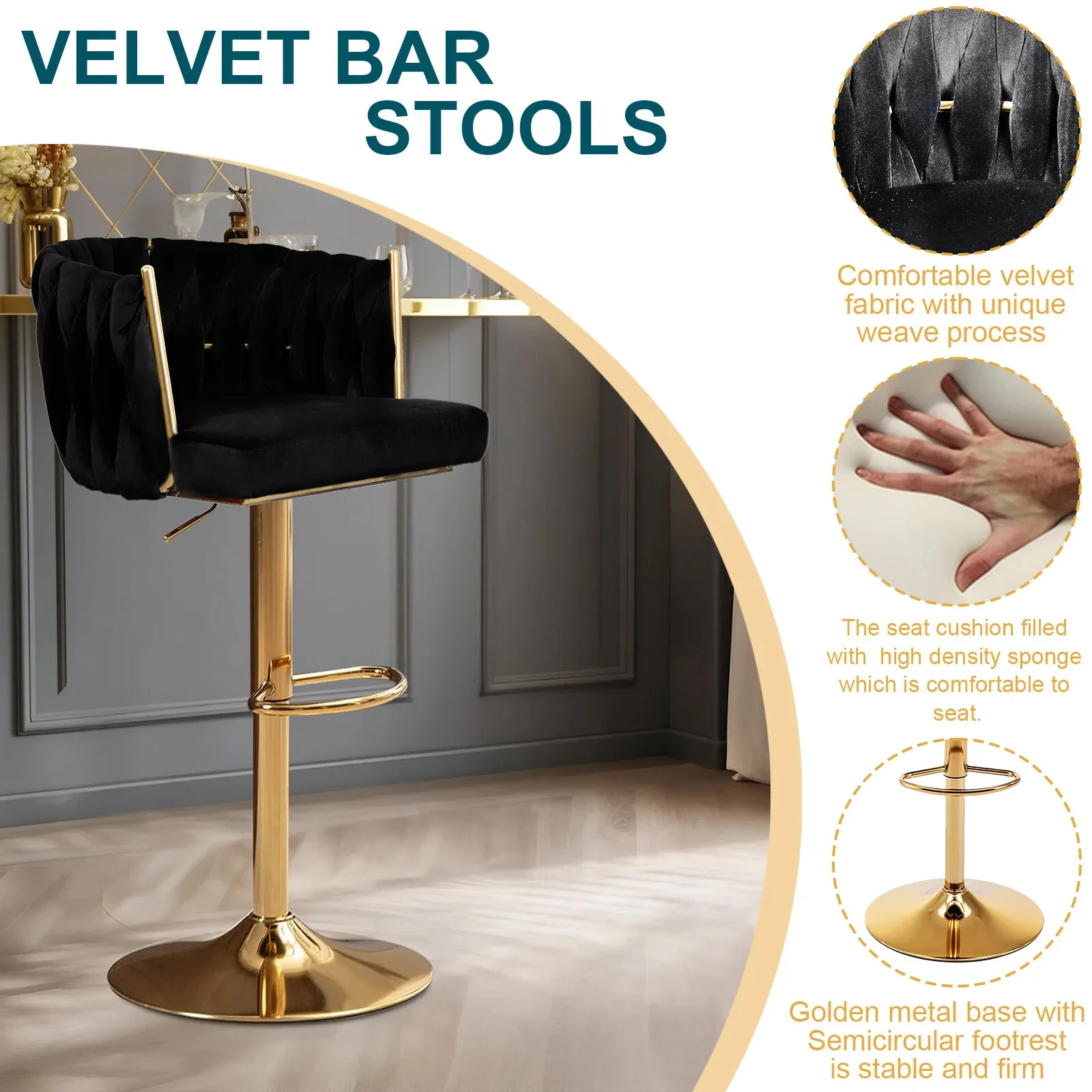 Bar Runway ols Velvet Woven Back, 360 °, Comcussion, Réglable, Suppression recommandée, Sted, Metal Leg