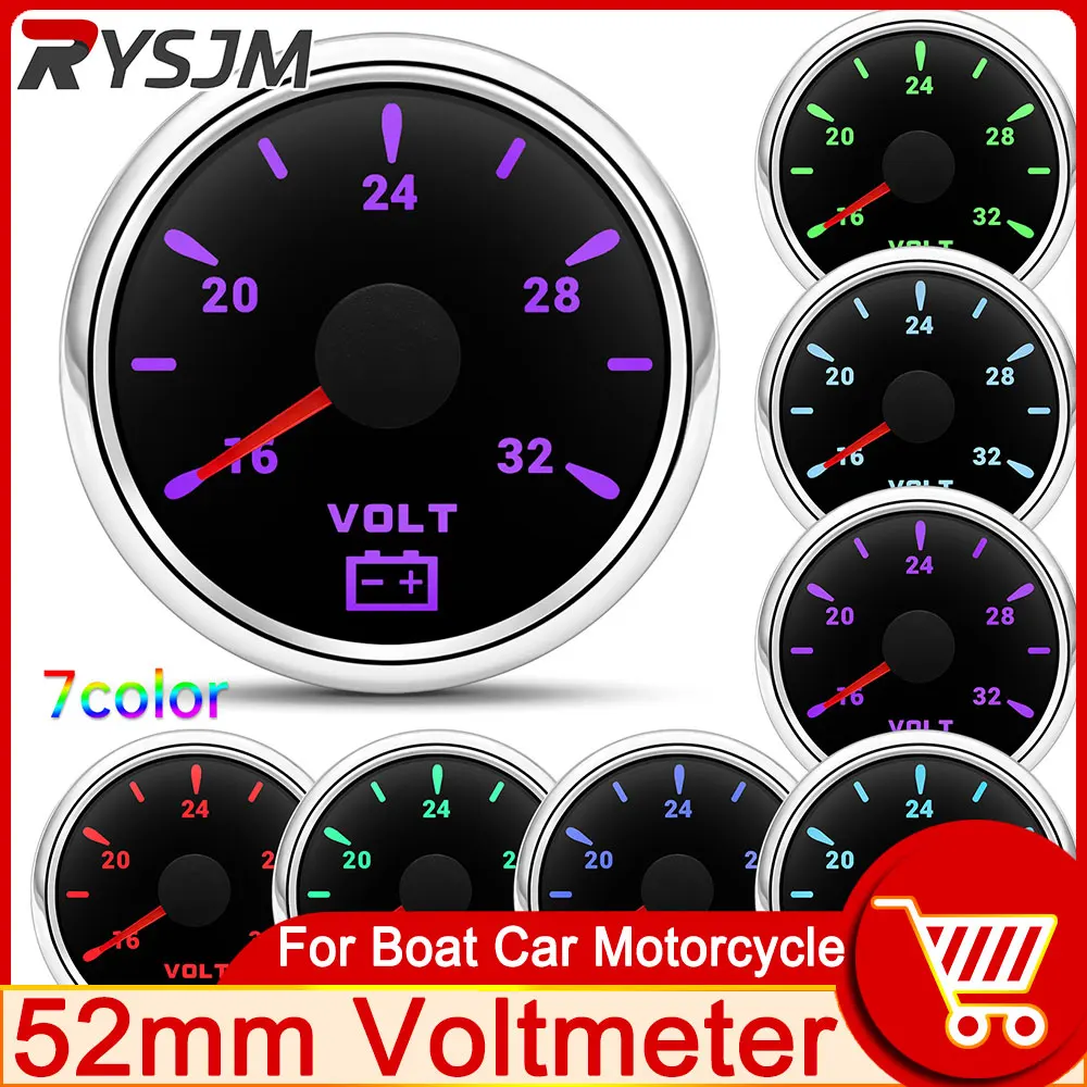 52mm Voltmeter 24V Electrical Car Truck Boat 16-32V with 7 Color Backlight 12V 24V for Car Boat Motorcycle Waterproof Volt Gauge