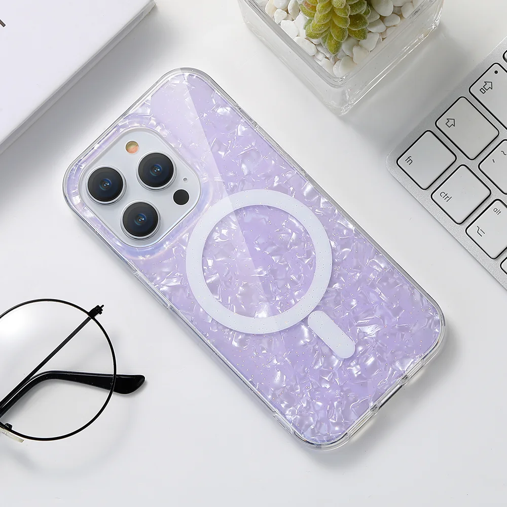 Glitter Shell Marble Magnetic Soft Case for Magsafe IPhone 17 16 15 14 13 Pro Max Plus 16Pro 15Pro ProMax Mag Safe Phone Cover