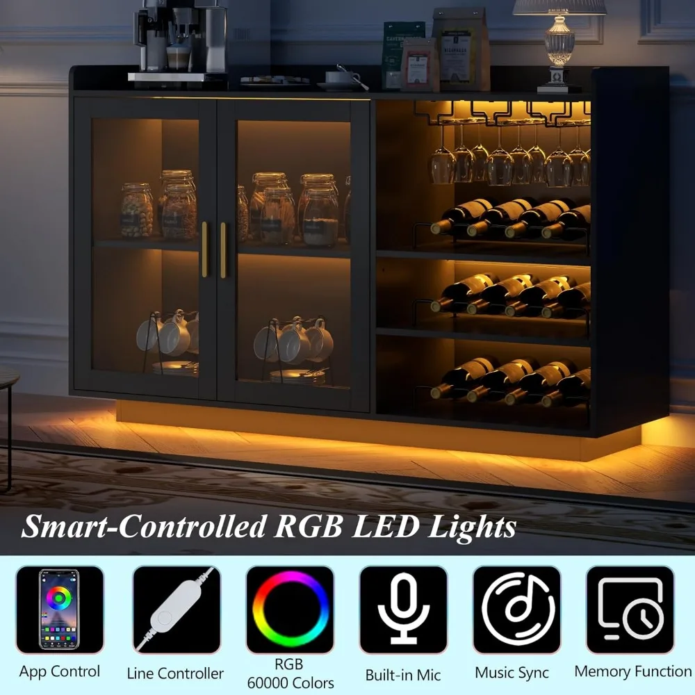Wine Bar Cabinet with LED Lights, Floating Coffee Bar with Glass Rack and Removable Wine Racks, Modern Buffet Sideboard w