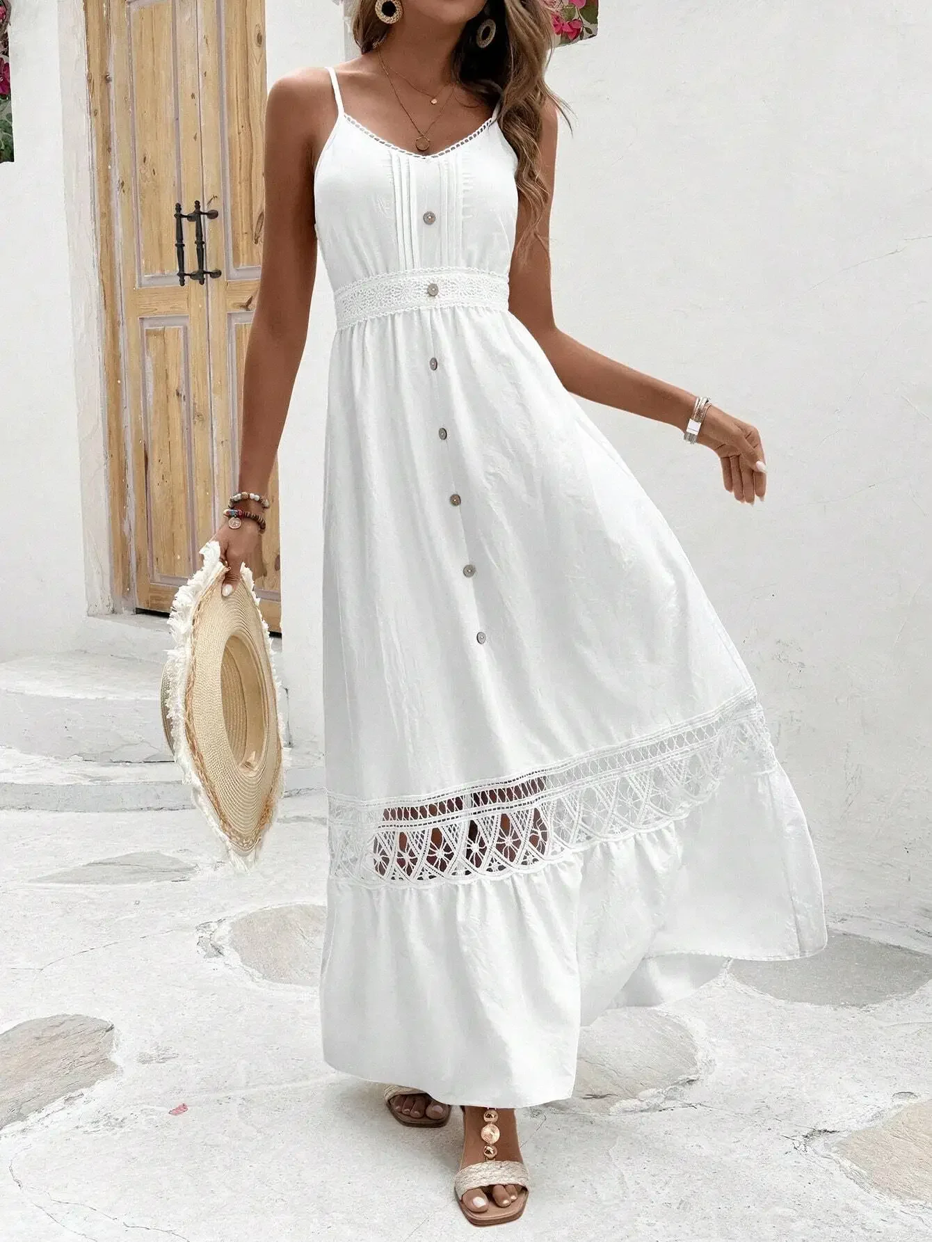 Ladies Summer Beach Vacation Maxi Dress Spaghetti Strap Lace Patchwork Button Detail Casual Boho Elegant Holiday Women Outfit