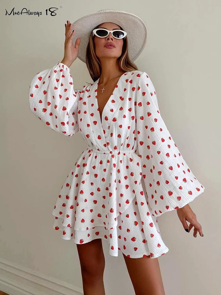 Mnealways18 Printing Strawberry Elegant Women Dress Lantern Sleeves Wrape Lace-Up Mini Dress Vacation 2024 Female Casual Dress