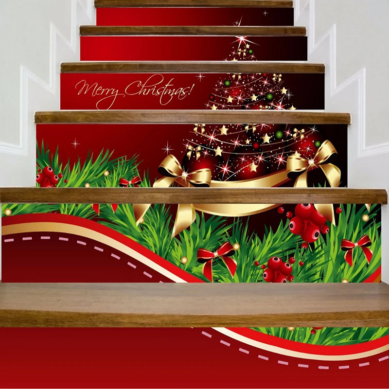 6pc/set Christmas Stair Stickers Self Adhesive Merry Christmas Tree Bow Pattern Stair Riser Decals Home Holiday Decor Wallpaper