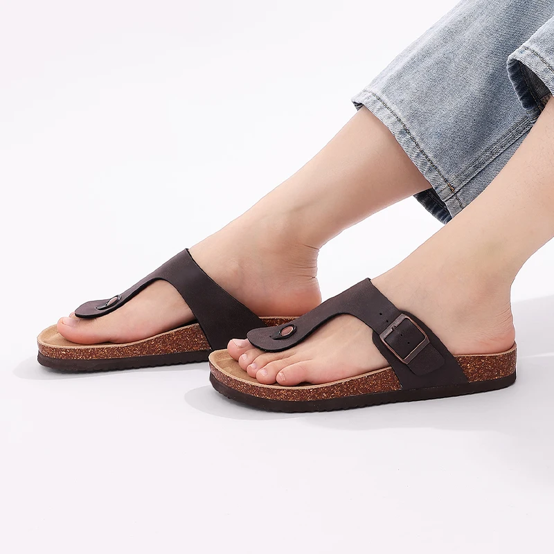 Litfun-chanclas planas para hombre, sandalias informales acogedoras para dormitorio, zapatillas de corcho para verano, toboganes de suela suave para el hogar con soporte para arco