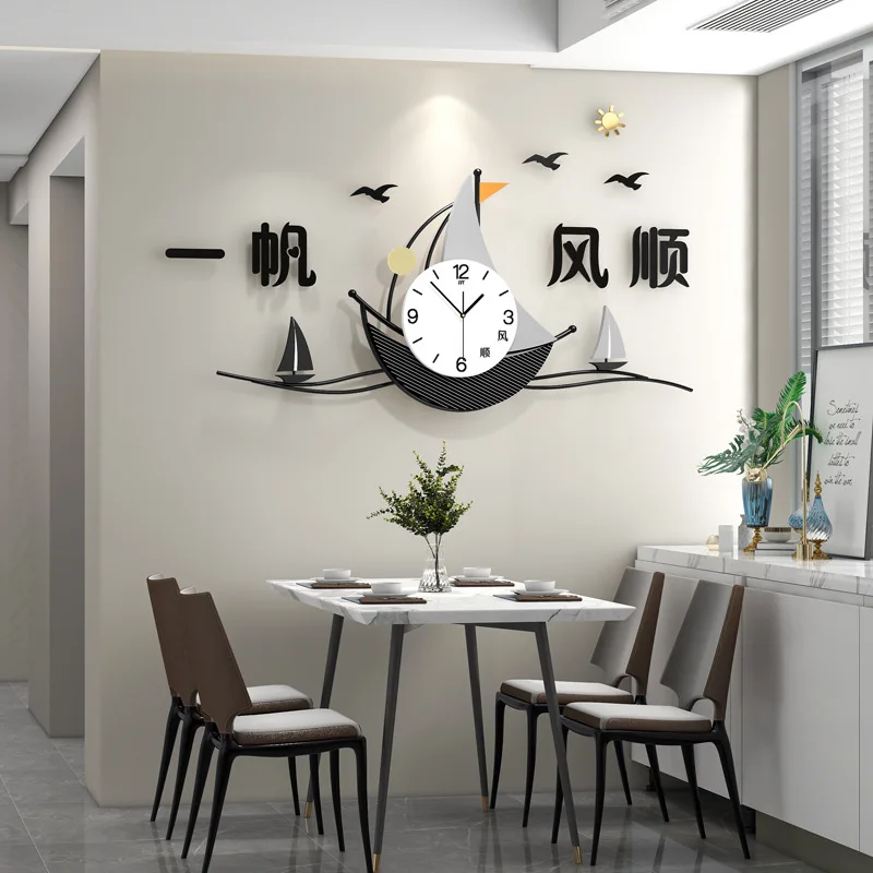 New Chinese Style Creativity Fashion Sailboat Wall Clock Modern Minimalist Household Bedroom Restaurant Lving Room Decoration