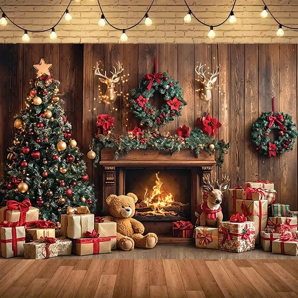 

Winter Christmas Kitchen Window Forest Photography Background, Christmas Tree Children's Home Decoration Photography Background