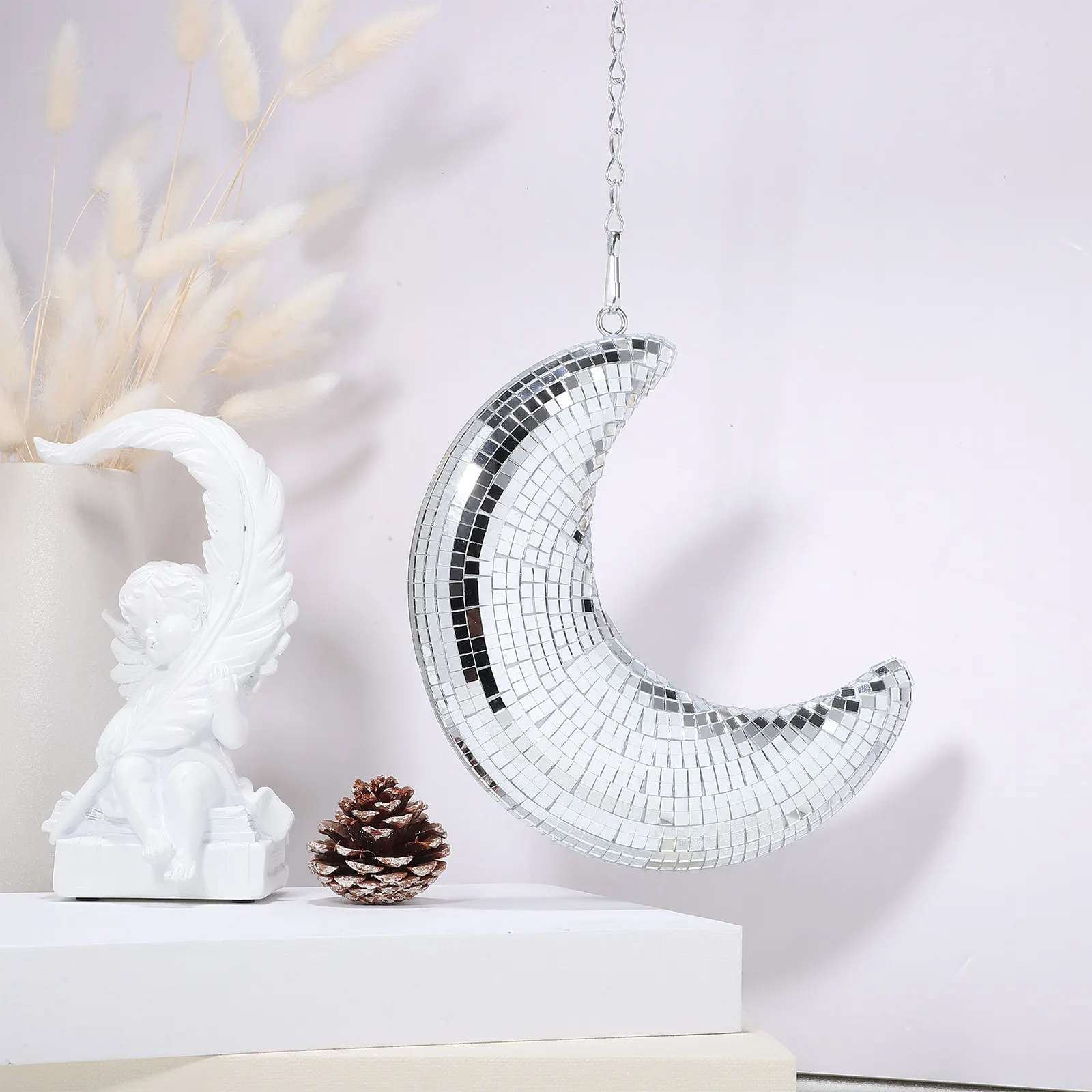 Elegant Moon Shaped Disco Ball Pendant Glass Wall Hanging Decoration Indoor Room Decor Moon Wall Pendant Disco Ball Decor