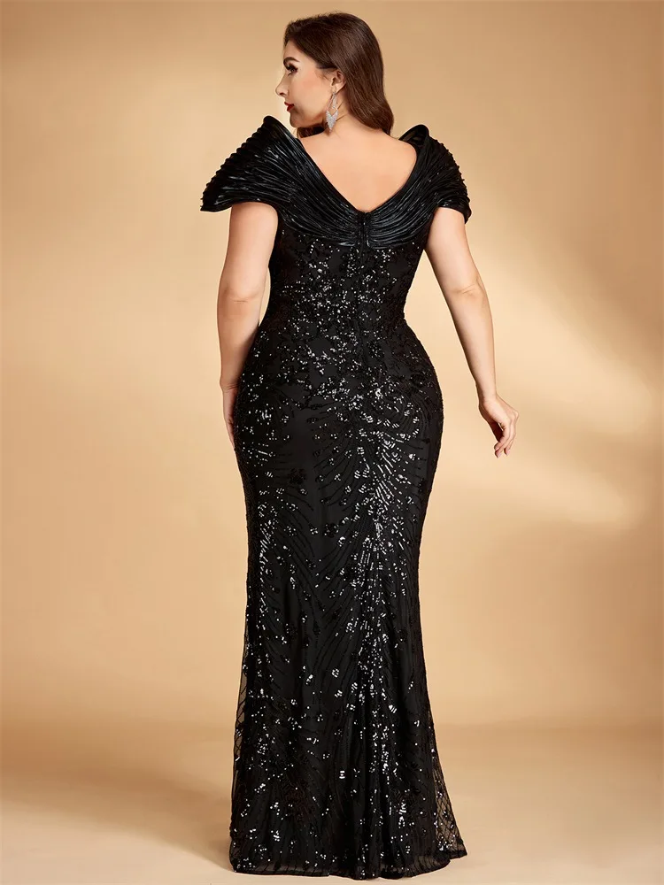 Middle East European American Large Size Double Shoulder Sequins Fishing Line Shaping Elegant Evening Dress Cocktail Party Dress
