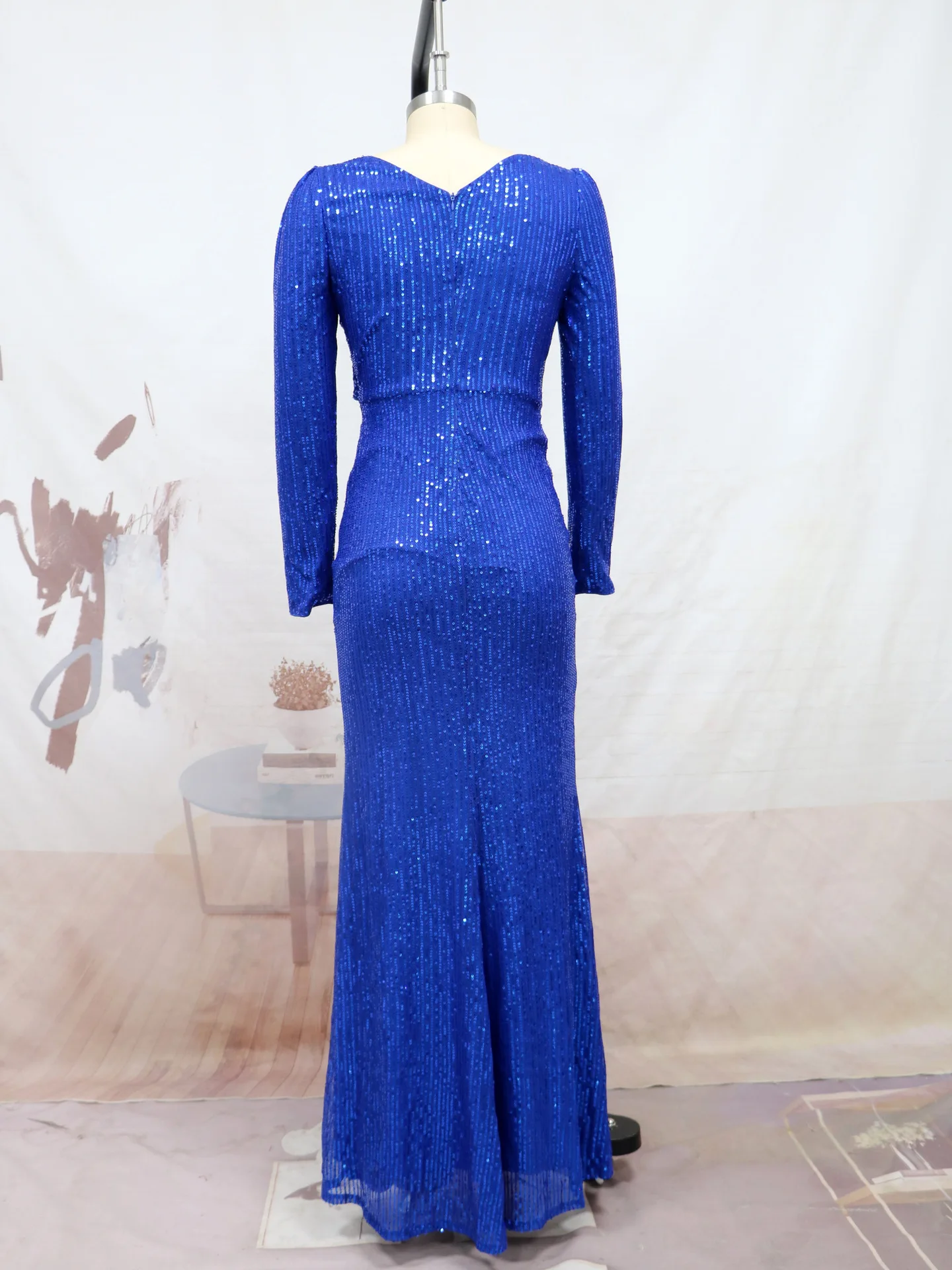 Deep V Neck Sequin Formal Evening Maxi Dress Long Sleeve Sexy Cut Out Front Split Blue Waist Ruched Gown Dress Prom Ball Party